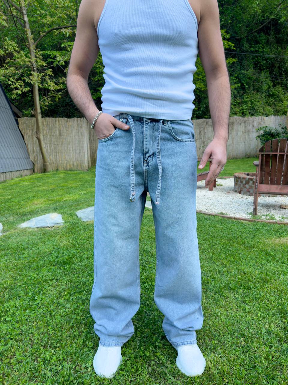 Baggy Kalıp Kemerli Mavi Kot Pantolon