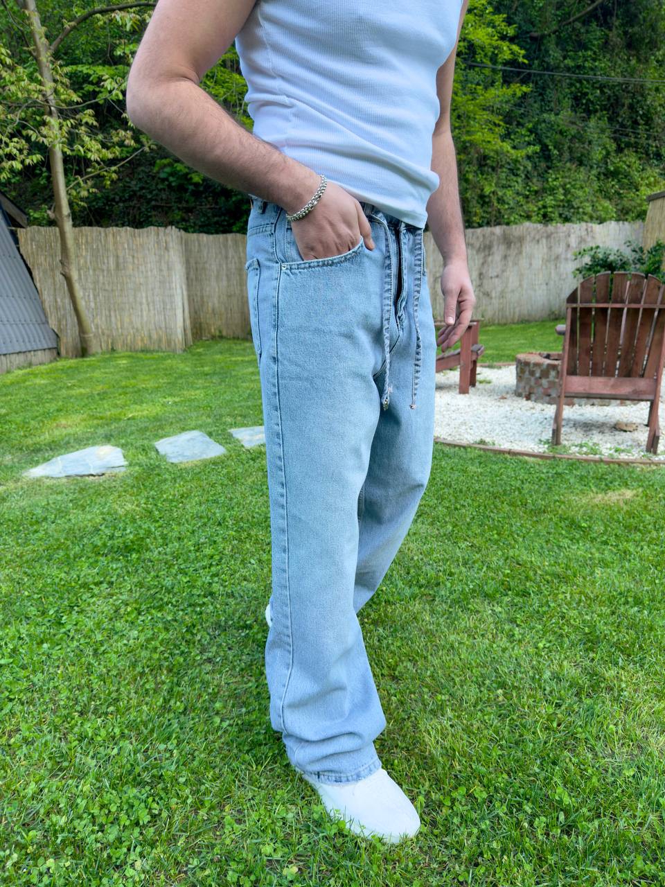Baggy Kalıp Kemerli Mavi Kot Pantolon