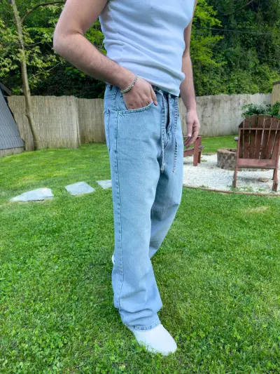 Baggy Kalıp Kemerli Mavi Kot Pantolon