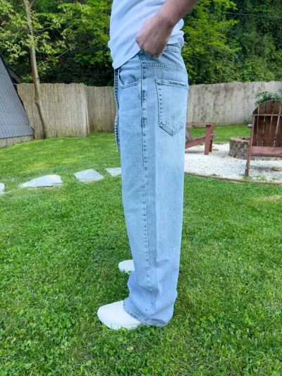 Baggy Kalıp Kemerli Mavi Kot Pantolon