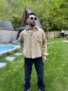 Kahverengi Beyaz Çizgili Keten Gömlek