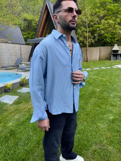 Mavi Beyaz Çizgili Oversize Gömlek