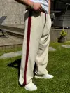 Krem Kırmızı Çizgili Keten Pantolon