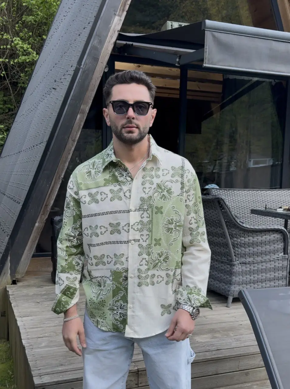 Yeşil Desenli Oversize Gömlek